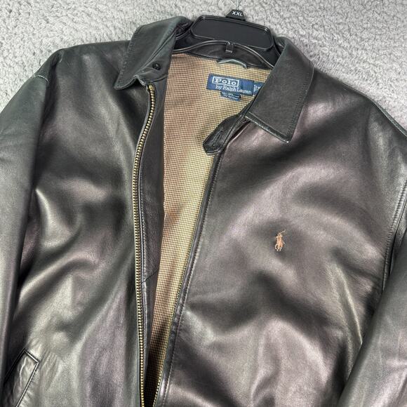 Vintage Polo Ralph Lauren Leather Jacket Mens M Black Full Zip Bomber Chin Strap - Picture 3 of 16